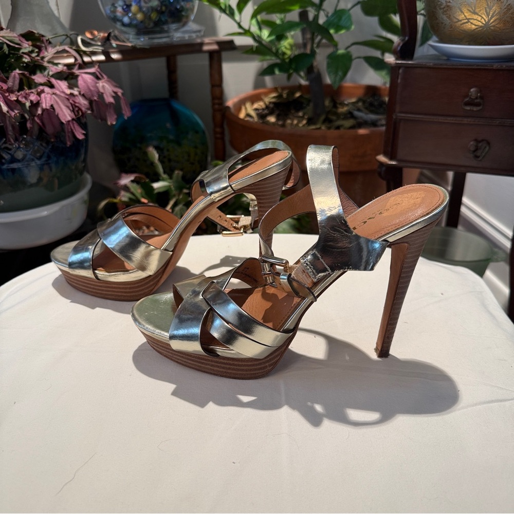 Coach Gold Stiletto Platform 7.5 Strappy Metallic Women's Sandals